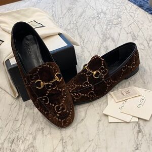 Gucci Brown Velvet Loafers with Gold Accent